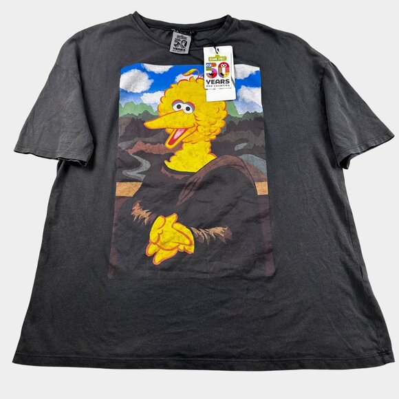 Zara Womens Distressed T-Shirt Sz S Big Bird Mona Lisa Graphic T-Shirt D.Gray - Picture 2 of 8